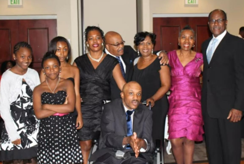 Family members dressed up together at a reunion dinner