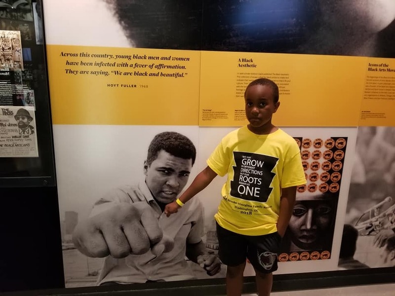 Young boy in Brooks-Wineglass 2018 reunion shirt at a museum exhibit